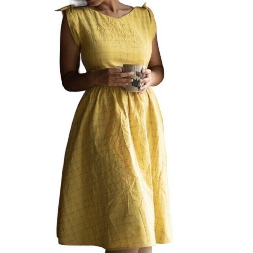 SAINT GERALDINE Albern Plaid Retro Chrissie Midi Dress Yellow Mod Pin Up Medium